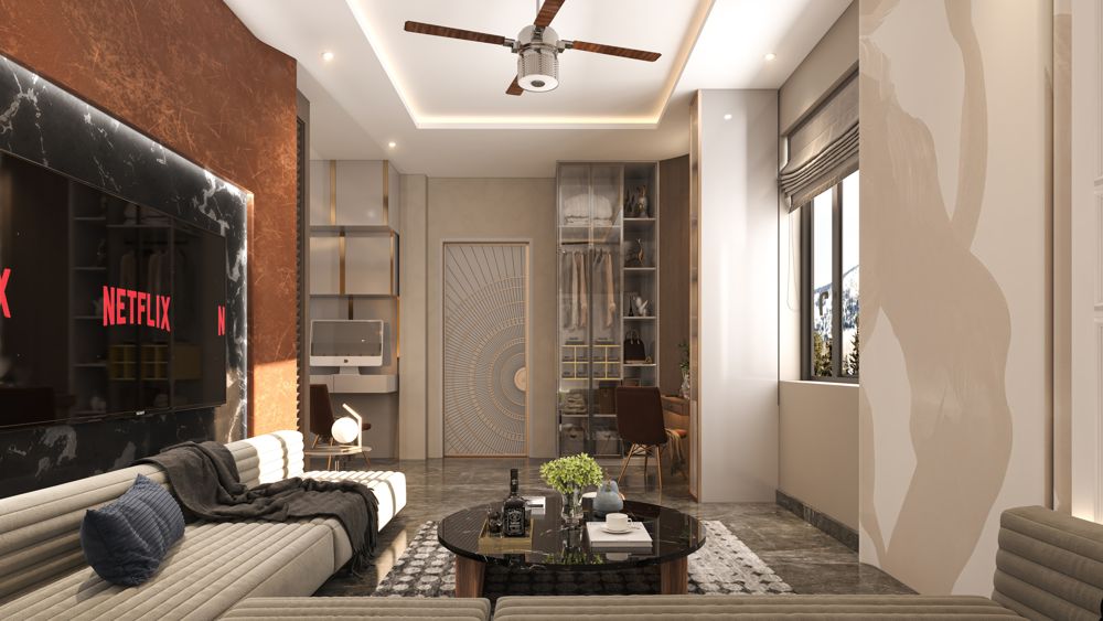 Elysian Modern living room with a copper feature wall and marble TV unit