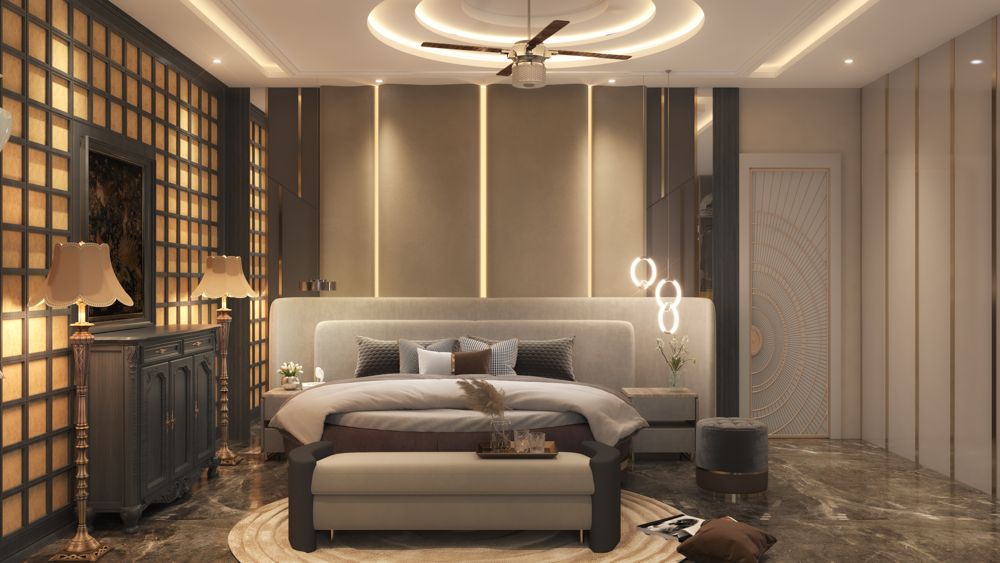 Luxe bedroom with backlit wall panels and a circular cove ceiling